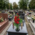 bukiet w wazonie na cmentarz we wkładzie wazonowym na grób cynia gladiola róże kolor czerwony na grobie