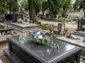 kompozycja stroik na cmentarz grób róże hortensja szafirki eustoma kolory biały niebieski fioletowy na grobie