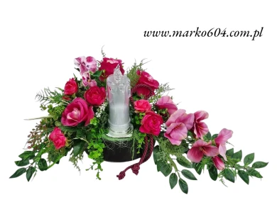 GLADIOLA RÓŻE amarant + ZNICZ LED  (1062.2) Kompozycja stroik na cmentarz grób