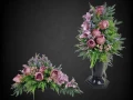 komplet na cmentarz stroik i bukiet na grób wrzosy róże gladiola kolory fioletowy brudny róż różowy czarne tło