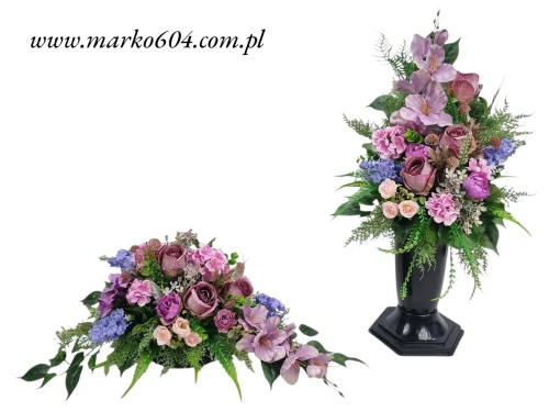 komplet na cmentarz stroik i bukiet na grób róże piwonie gladiola hortensja bez kolory fioletowy niebieski brudny róż różowy